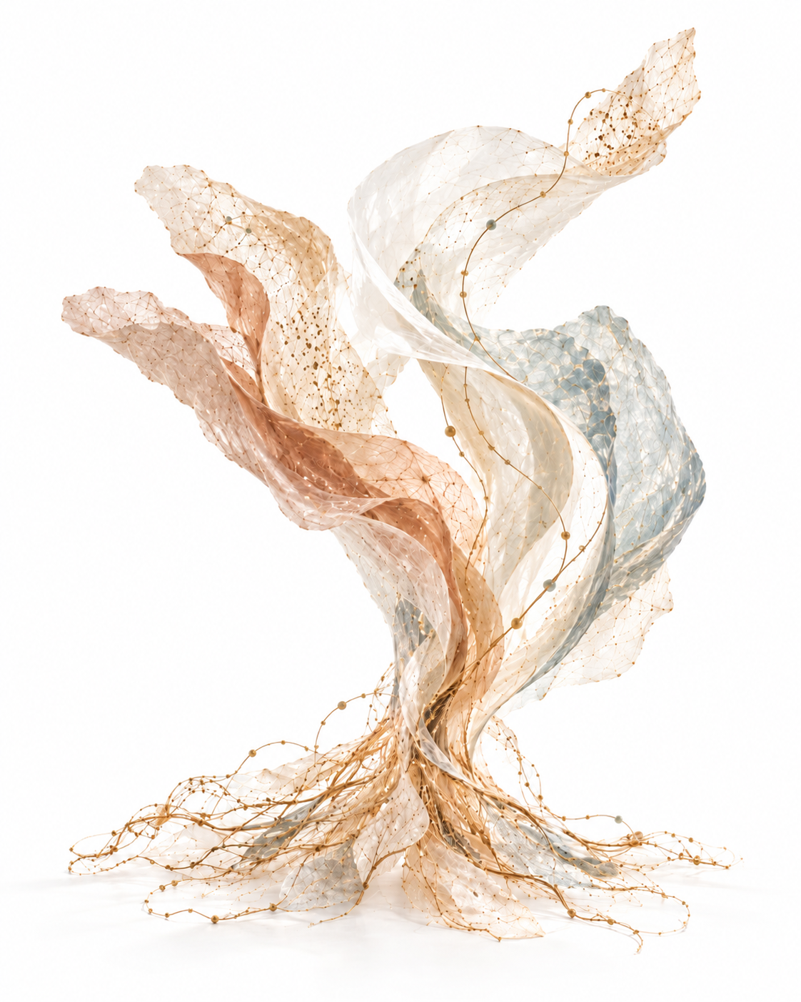 Abstract Originward sculpture in soft cream, blush, muted blue and warm gold tones