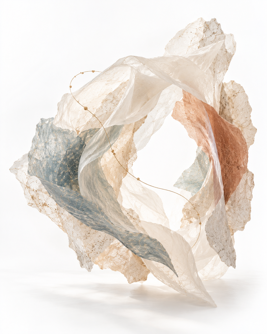 Abstract editorial visual for A.N.T.O., using layered airy forms in soft neutral and muted blue tones.