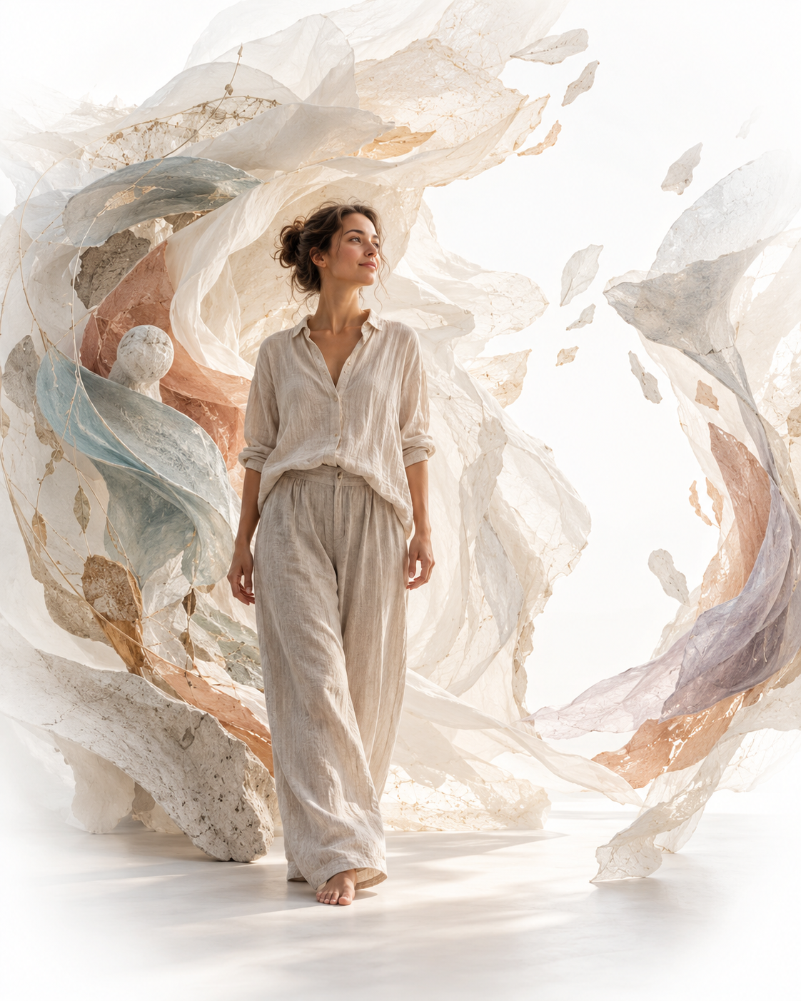 Editorial visual for A.N.T.O., showing a woman moving forward through airy, layered forms that suggest self-discovery, perspective and conscious direction.