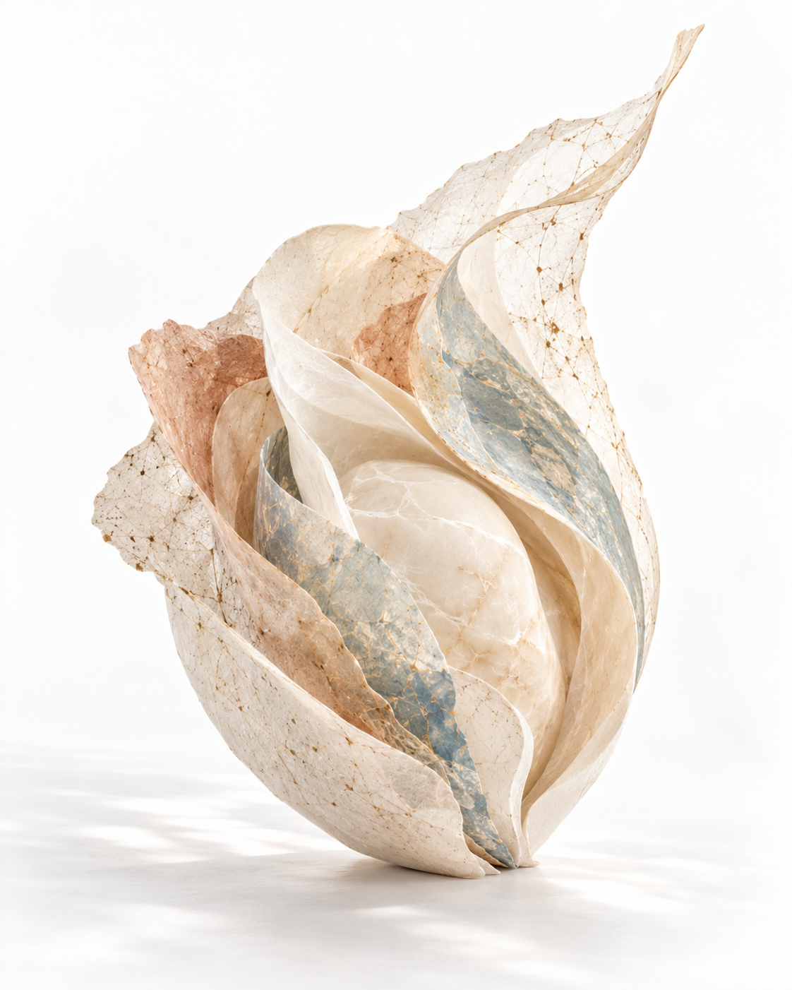 Abstract editorial visual with airy layered forms in soft cream, muted blue and warm blush tones.