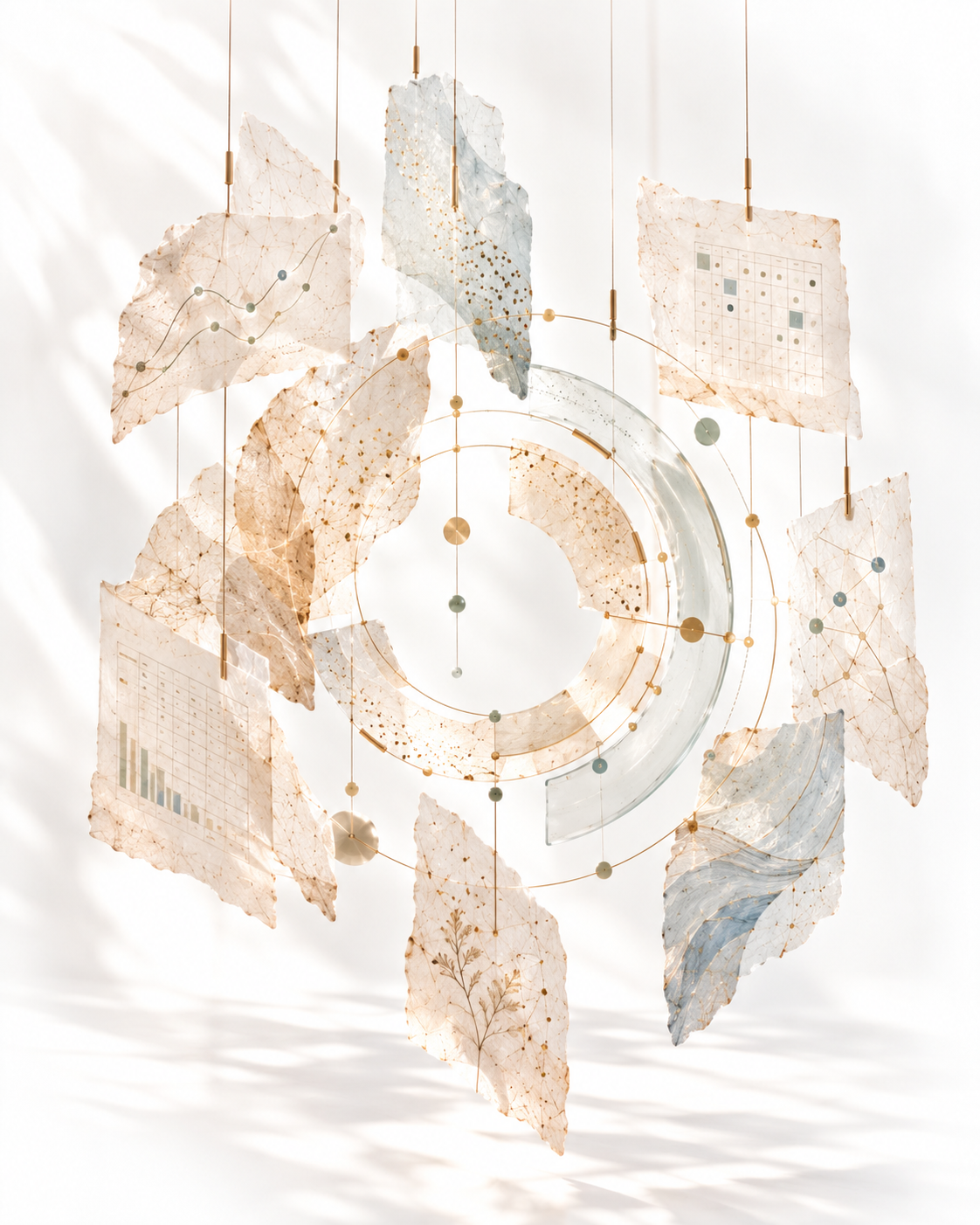 Abstract editorial visual for M.I.N.E., combining suspended translucent materials, circular data structures and subtle analytical patterns.