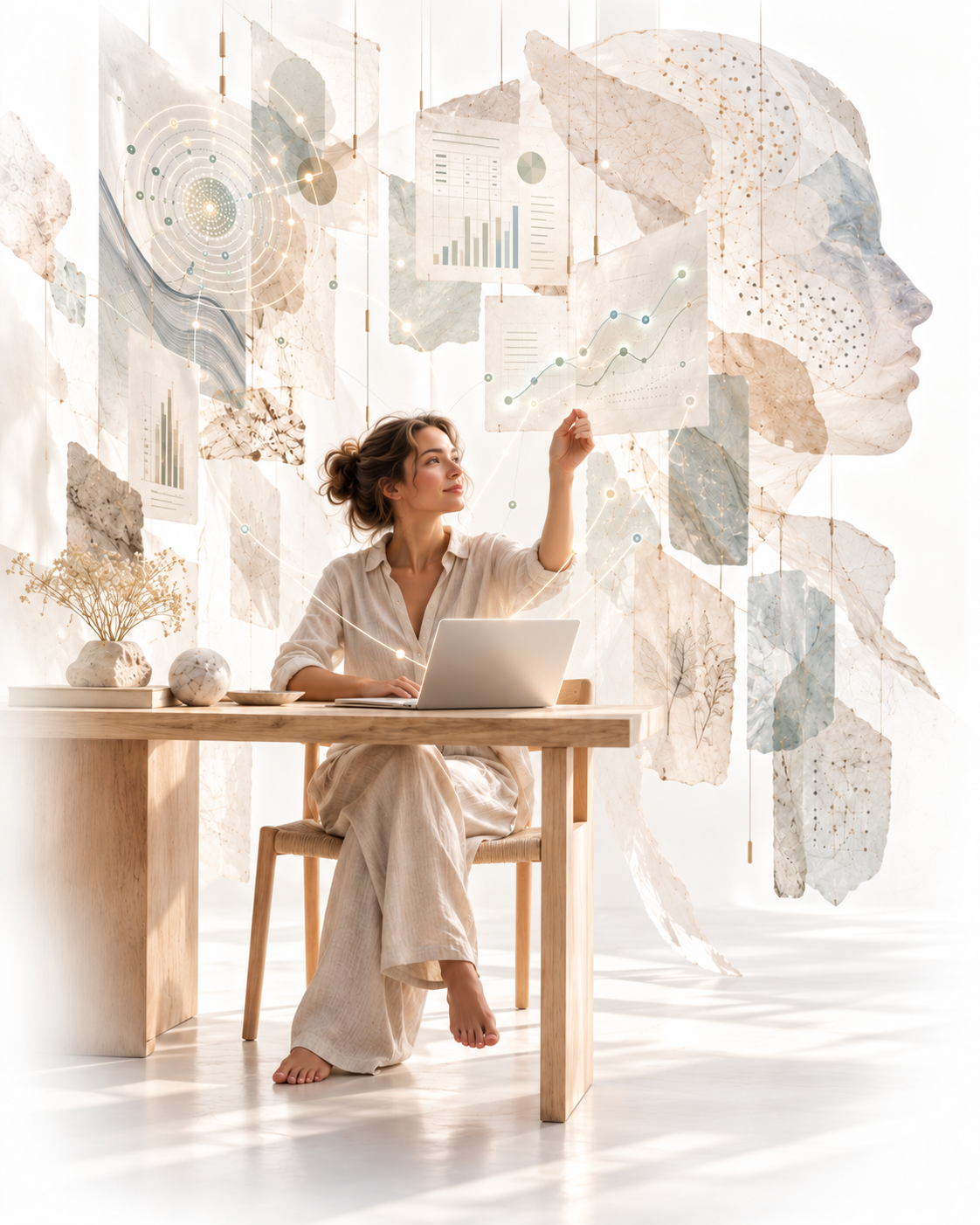 Editorial visual for M.I.N.E., combining a human-centered workspace with data, patterns and technology.
