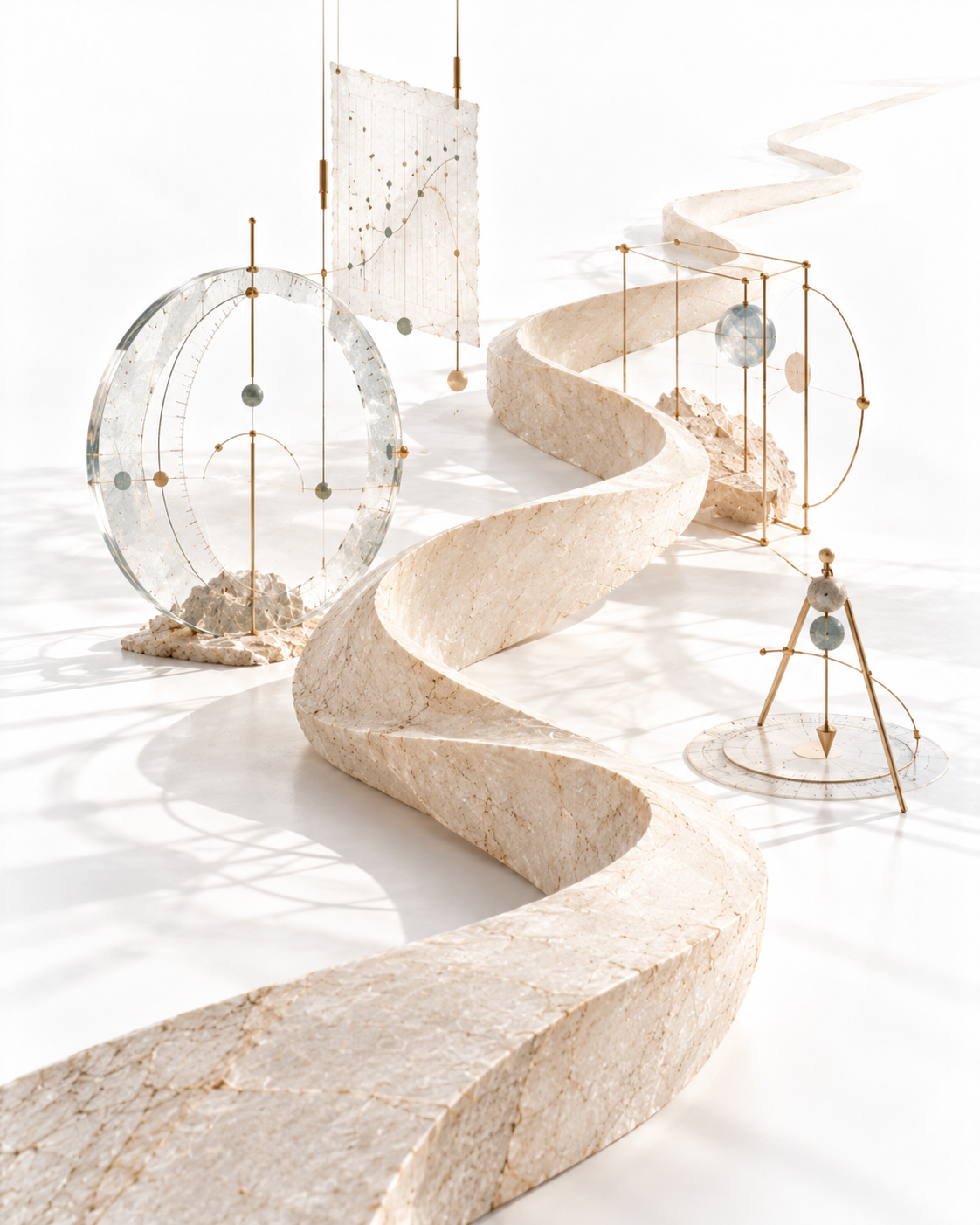 Abstract editorial visual representing tools, direction and perspective through a sculptural pathway of measurement and orbit forms.